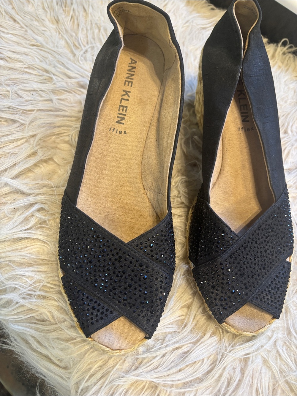 Anne Klein Black Espadrille Peep-Toe Flats with Crystal Accent